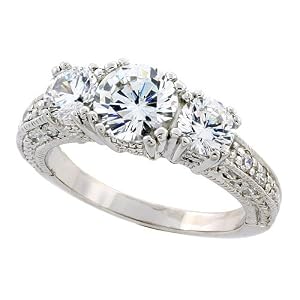 Sterling Silver Vintage Style Three-Stone Engagement Ring w/ Rhodium Plating, w/ two 5mm (0.50 Carat each) & one 7mm (1.25 Carats) Brilliant Cut CZ Stones, 1/4