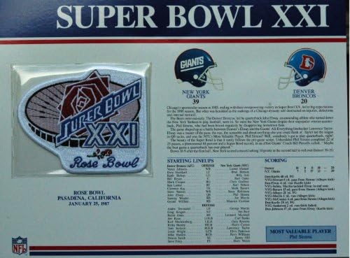 1986 New York NY Giants vs Denver Broncos NFL Super Bowl 21 (XXI) 1987 Phil Sims MVP Willabee Ward Patch and Stat Panel Card
