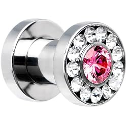 4 Gauge Stainless Steel Clear Pink CZ Screw Fit Tunnel