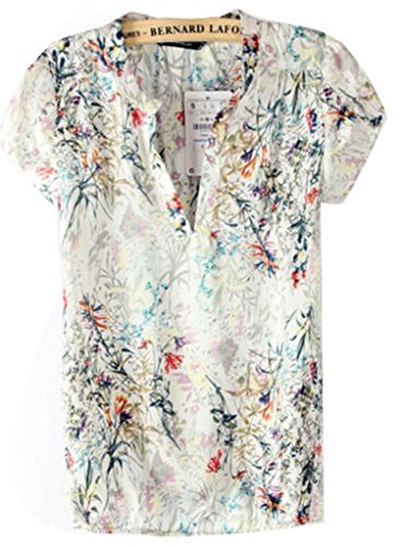 Women European V Neck Floral Print Short Sleeve Chiffon Shirt Top Blouse