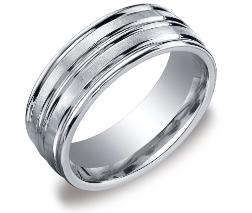 14k White Gold 8mm Comfort Fit Mens Wedding Band w/ Satin Finish and Polished Center Cut