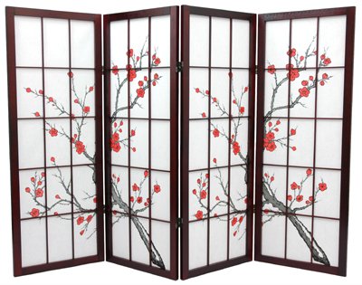 Unique Fireplace Screen - 48" Low Cherry Blossom Shoji Screen Room Divider - Rosewood 4 Panel