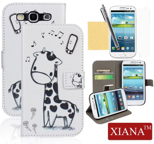 Galaxy S3 Case, XIANA Cartoon Giraffe Flip Magnet Wallet Leather Case Cover With Credit ID Cards Slots For Galaxy S3 i9300,Including A Stylus,Screen Protector and Cleaning Cloth