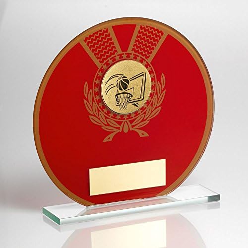 JR15-TD129S Jade Glass Round Plaque Red/Gold With Basketball insert Trophy - 5.5in Includes Free Engraving (Up to 30 Characters)