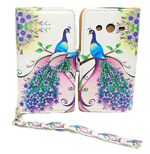 Purple & Pink Peacock Design Wallet Leather Case for Samsung Galaxy Avant G386T with Kickstand