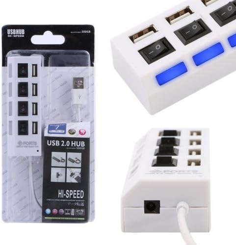 Besdata 4 Port with Individual Power Switch and Blue LEDs High Speed USB 2.0 Hub For Laptop PC White HUB101