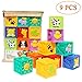 Kingtree Squeeze and Stack Block Set, Soft Building Blocks Teething Chewing Toys for Toddlers 6 months and up with Numbers & Animals BPA Free (Set of 9)