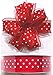50 Yards x 1.5 inches Wire-Edge Ribbon, White Polka Dots on Red