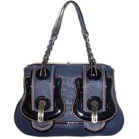 Fendi Pebbled Blue and Black Patent Leather Medium B. Bag 8BN165-UP8-F0BYH