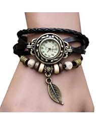 Towallmark 1PC Black Fashion Weave Leaf Beads Leather Bracelet Wrist Watch For Lady Women