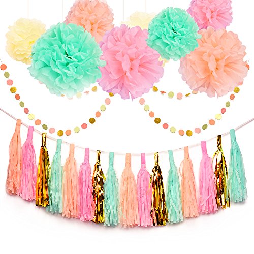 Blulu 26 Pieces Paper Tassels Paper Pom Dots Paper Garland for Baby Shower, Weddings and Birthday Party Decorations