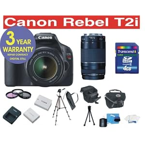 Canon EOS Rebel T2i EF-S 18 MP Digital Camera with Canon 18-55mm IS Lens + Canon 75-300mm Zoom Lens + High Capacity Li-Ion Battery + 4 GB Memory Card + 50