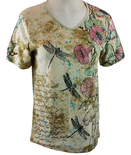 Cactus Bay Apparel Rhinestone Accented, Attractively Printed, Short Sleeve, Crew Neck, Ivory Colored Cotton, Woman's Fashion Top - Vintage Dragonfly