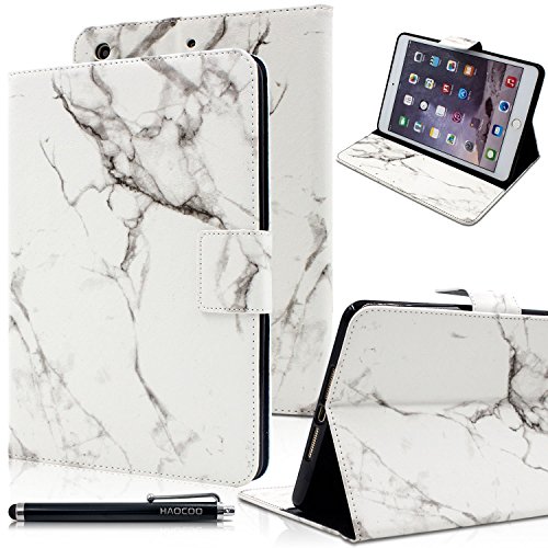 iPad Mini 1/2/3 Case, HAOCOO Stylish Art Printed Ultra Slim Light Weight Flip PU Leather Smart Stand Protective Case Cover for Apple iPad Mini 3/ 2/ 1 (White Marble)
