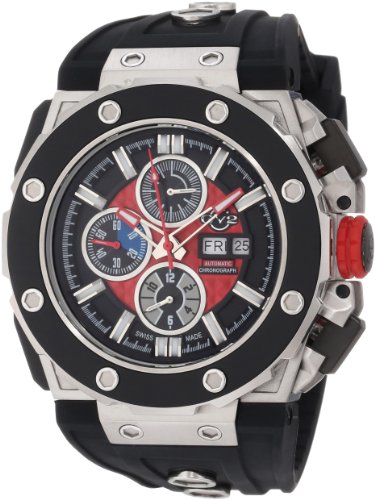 GV2 by Gevril Men's 8800 Corsaro Round Automatic-Chronograph Day-Date Sapphire Crystal Red Dial Rubber Water-Resistant Watch
