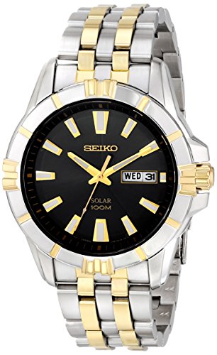 Seiko Men's SNE176 Two Tone Stainless Steel Analog with Black Dial Watch, Solar