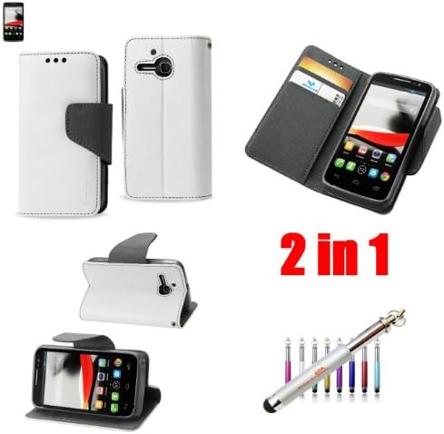 (WHITE) 2IN1 WALLET CASE FITTING CASE FOR Alcatel one touch Evolve 5020T(MetroPCS/T-Mobile) INTERIOR LEATHER-LIKE MATERIAL AND POLYMER COVER - Carrying Case - Retail Packaging+New SNK Stylus Touch Pen