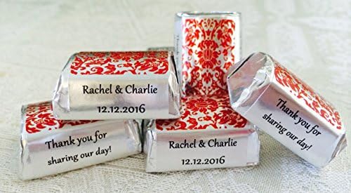 120 RED DAMASK SILVER FOIL Themed Wedding Candy wrappers/stickers/labels for HERSHEY NUGGET CHOCOLATES (Personalized Favors)