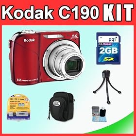 Kodak EasyShare C190 12MP Digital Camera with 5x Optical Zoom and 2.7 inch LCD (Red) + 2GB SD Card + Camera Bag(S) + Table Tripod + 3 pieces Cleaning Kit + SD Card Reader