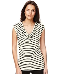 Autograph Cowl Neck Striped Drape Top with Linen
