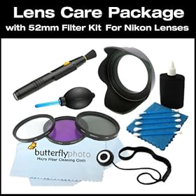 Vivitar 52mm Filter Kit and Lens Hood + Care Package For Nikon 28mm F2.8, 24mm F2.8 and other lenses with 52mm filter size