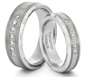 His & Her's 8MM/6MM Tungsten Carbide Silver CZ Wedding Band Ring Set (Available Sizes H - Z+2) EMAIL US WITH YOUR SIZES