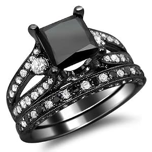 4.10ct Black Princess Cut Diamond Engagement Ring Bridal Set 18k Black Gold with a 2.0ct Princess Cut Black Center Diamond