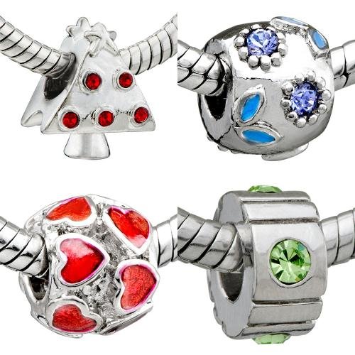 4 Pc Beads Charms Set Christmas Tree Beads Heart Charms Fits Pandora Chamilia Biagi Charms Bracelet