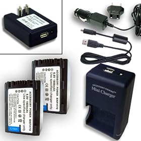 SONY BC-TRP Equivalent External AC DC Mini Charger & NP-FH30 / FH40 / FH50 / FH60 / FH70 / NP-FP50 / FP70 Battery 2-Pack COMBO used with HDR-TG1 / HDR-CX500V / HDR-CX510V / DCR-SR45 / DCR-HC62 and More Digital Camcorders. Includes USB Port and Cable for Charging USB Enabled Cell Phones ** Cable NOT for PC / Photo transfer.