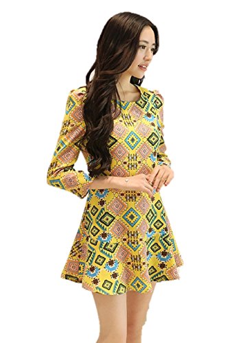 シフォンワンピース スレアスカート Ａライン スウィングドレス 秋物 花柄 抽象柄 エスニック マルチカラー パターン模様 7分袖 ラウンドネック クマのぬいぐるみ付き K-745