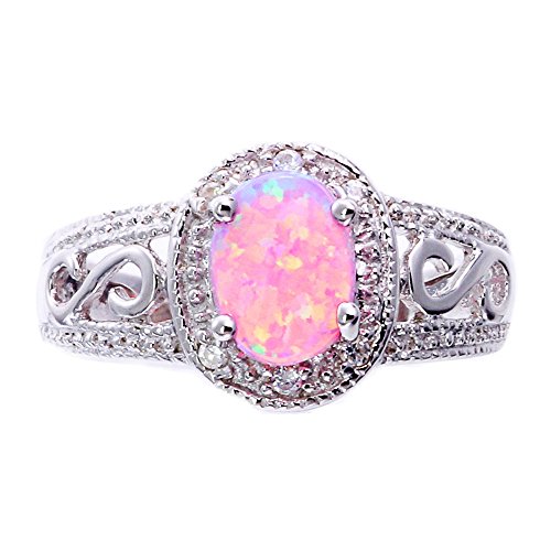 Synthetic Oval Pink Opal Sterling Silver Filigree Shank Women's Halo Wedding Ring SPJ