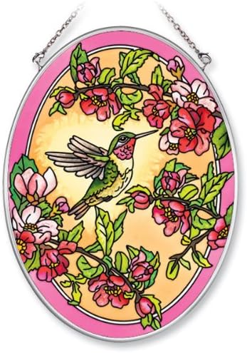 Amia 5509 Medium Oval Suncatcher with Hummingbird and Cherry Blossom Design, Hand-painted Glass, 5-1/2-Inch W by 7-Inch L