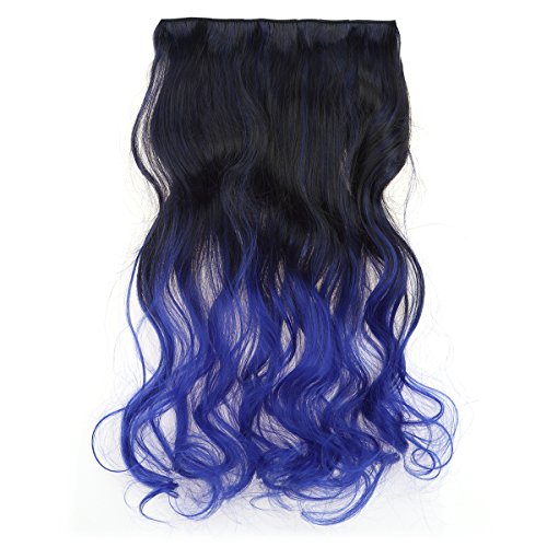 ACELIST New Two Tone One Piece Long Synthetic Thick Hair Extensions Curl/Curly/Wavy Clip-on Hairpieces 13 Colors (Black to Blue #16)