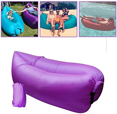 Inflatable Beach Lounger, 4 Stones Nylon Fabric Inflatable Sleeping Bags Outdoor Indoor Convenient Compression Air Bag Hangout Bean Bag Portable Chair Mattresses (Purple)