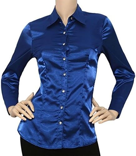 Mememall Fashion Lady Satin Charmeuse L/Slv Button Down Solid Collar Shirts Blouse