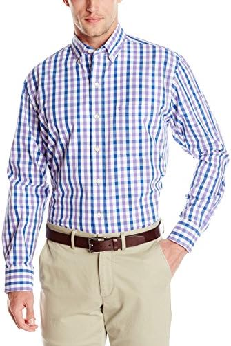 IZOD Men's Long Sleeve Coastal Prep Essential Medium Plaid Button Up, Dahlia Purple, Large