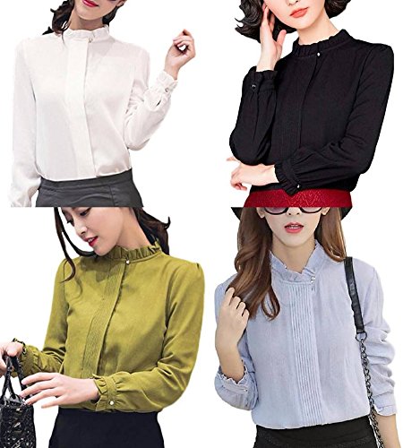 (ケイグラッソ)K-grasso+ 清楚系 ブラウス シャツ 長袖 上品 シフォン 立ち襟 フリル タック エレガント 衿 襟 フラワー モチーフ ボタン S M L XL 小さい 大きい サイズ もあり スーツ フォーマル OL オフィス デート