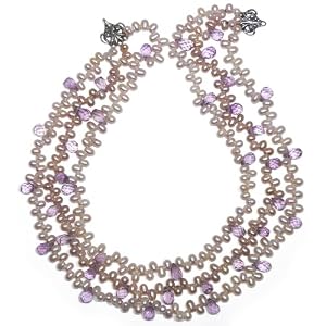 Sterling Silver Three-Row Pink Freshwater Cultured Pearl and Amethyst... by