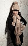 Womens INGA Chunky Cable Knitted Winter Hat Scarf Glove Set Cream