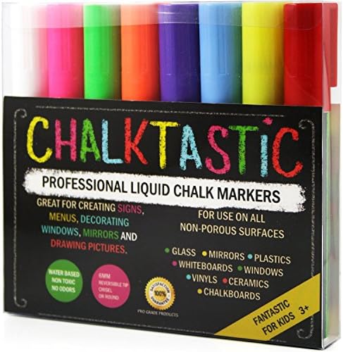 Fantastic ChalkTastic Chalk Markers 8 Pack, Great for Kids Art, Menu Board Bistro Boards-Vibrant Neon Colors-﻿Reversible 6mm Fine or Chisel Tip-E-book Gift@