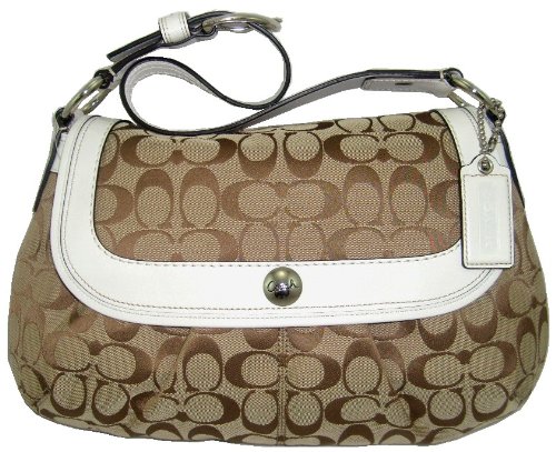 Coach Soho Pleated Signature Large Flap Handbag (Khaki/White)