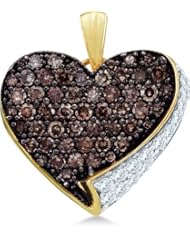10k Yellow and White Two Tone Gold Round Cut Brown Chocolate and White Diamond Heart Shape Love Pendant (.85 cttw)