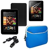 Skque Black TPU Gel Skin Cover Case + Clear Crystal Screen Protector Film + Blue Neoprene Dual Pocket Sleeve Case + Travel Car Charger for Amazon Kindle Fire HD 8.9 Tablet