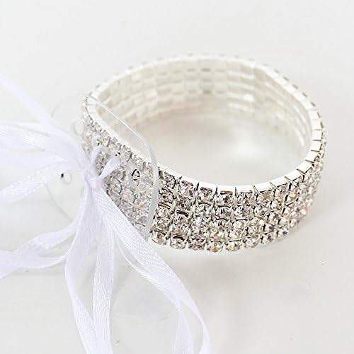Rhinestone Corsage Wristlet Bracelet in Silver with Ribbon