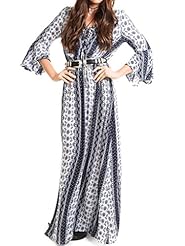 V-neck Lace-Up Open-Back Cutout Colorblocking 3/4 Sleeves Polyester General Print Maxi Dress 