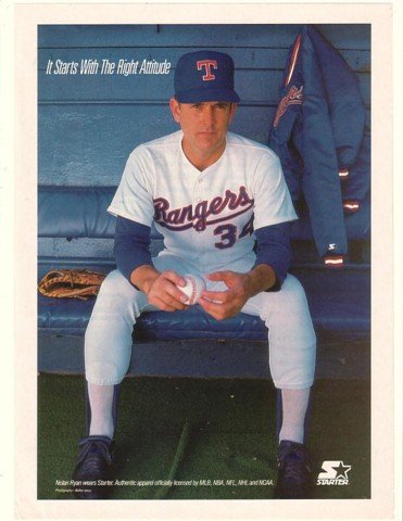 1990 Texas Rangers Nolan Ryan Photo Starter Apparel Print Ad (18082)
