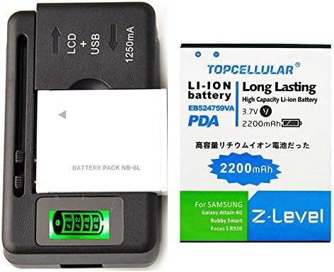 TOPCELLULAR Battery EB524759VA High Capacity + Universal LED Charger For Samsung Attain 4G R920 / Samsung Rubby Smart I847 / Samsung Focus S I937 2200 mAh