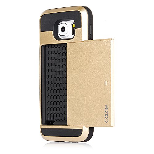 Galaxy S6, Dual-layer Heavy Duty Matte Rugged Protective Cover with Slider ID Credit Card Slot Cash Holder for Samsung Galaxy S6 by Cazle (Gold)