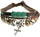 Black and White Beads with Cross Leather Bracelet, Adjustable 5.5 to 9 Inches (Foil Gift Box)