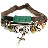 Black and White Beads with Cross Leather Bracelet, Adjustable 5.5 to 9 Inches (Foil Gift Box)